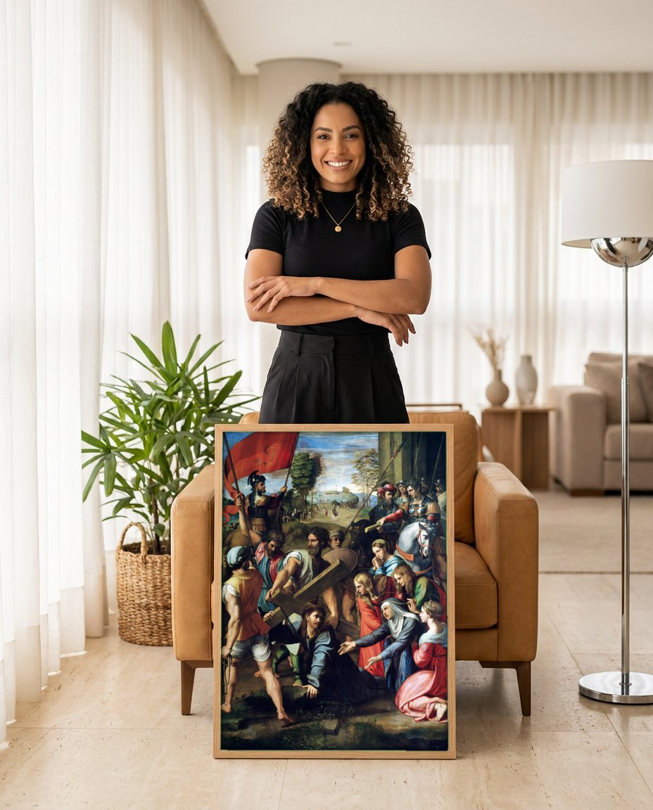 Quadro Decorativo A Caminho do Calvário - Rafael | modelo apresentando o quadro emoldurado