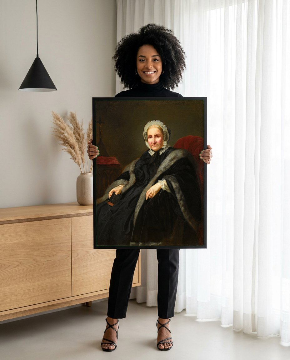 Quadro Decorativo Retrato de Senhora Idosa - Simmler | modelo apresentando o quadro emoldurado
