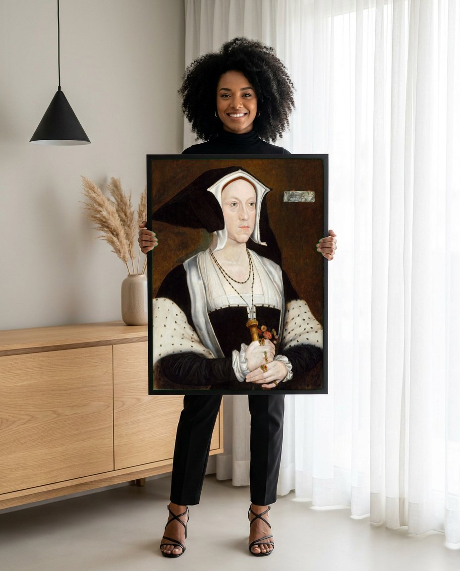 Quadro Decorativo 'Anna de Cleves' - Hans Holbein | modelo apresentando o quadro emoldurado