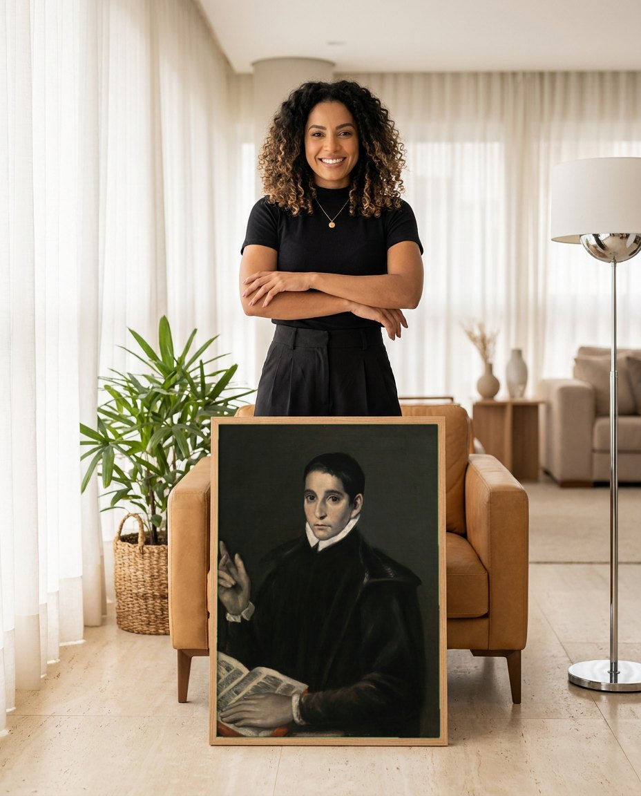 Quadro Decorativo O Cavalheiro da Mão ao Peito - El Greco | modelo apresentando o quadro emoldurado