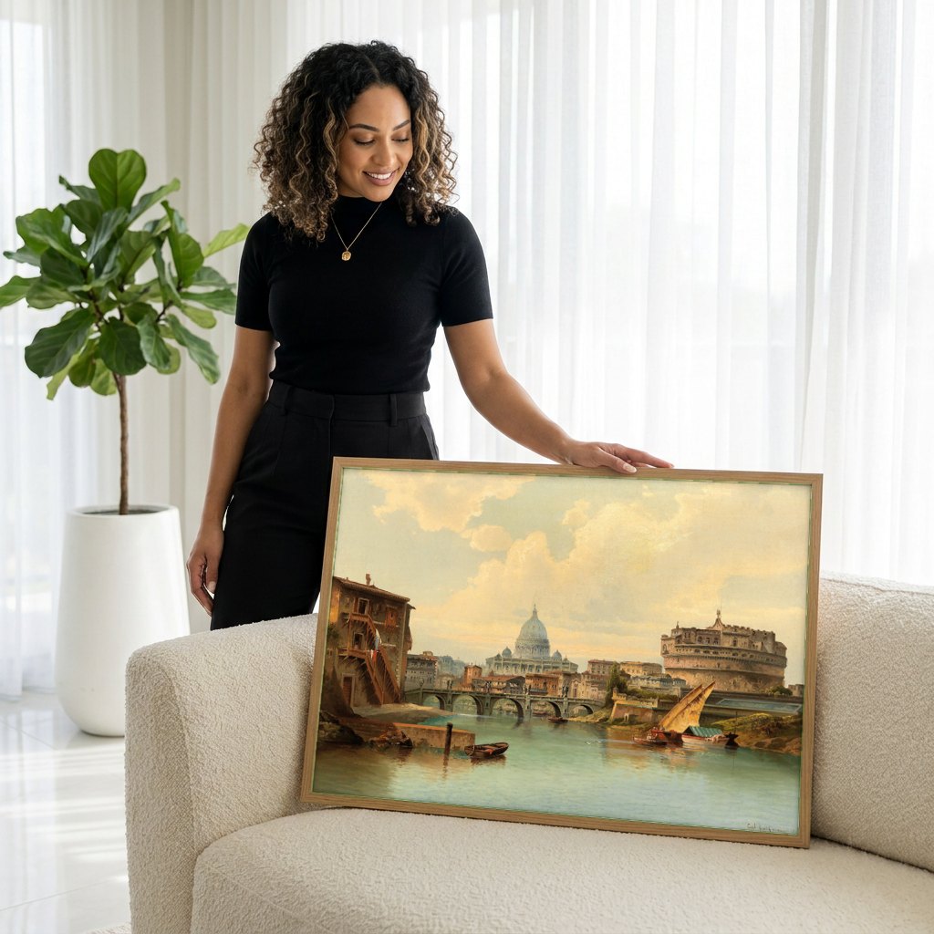 Quadro Decorativo Vista Panorâmica de Roma - Karl Kaufmann | modelo apresentando o quadro emoldurado