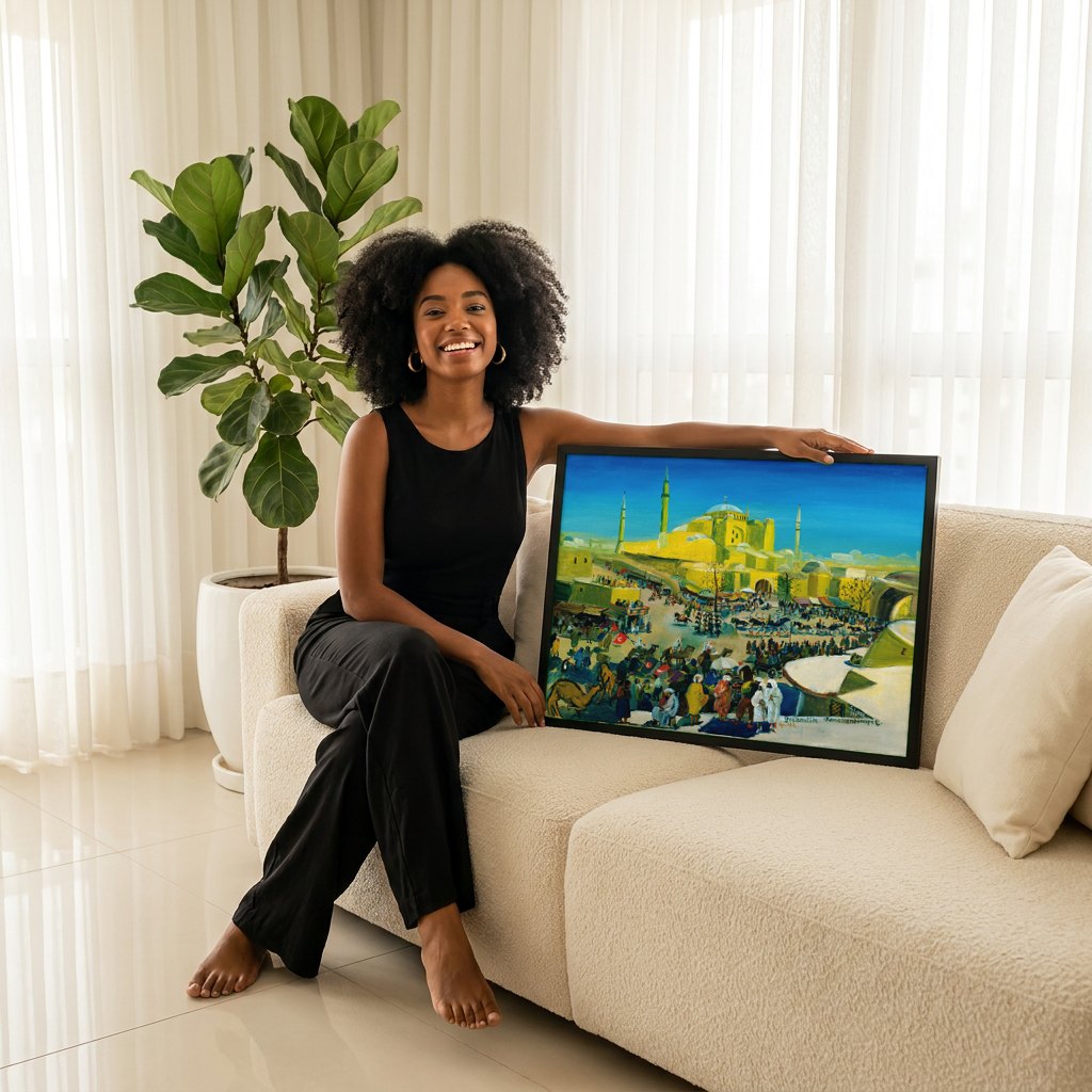 Quadro Decorativo Mercado em Constantinopla - Oskar Laske | modelo apresentando o quadro emoldurado