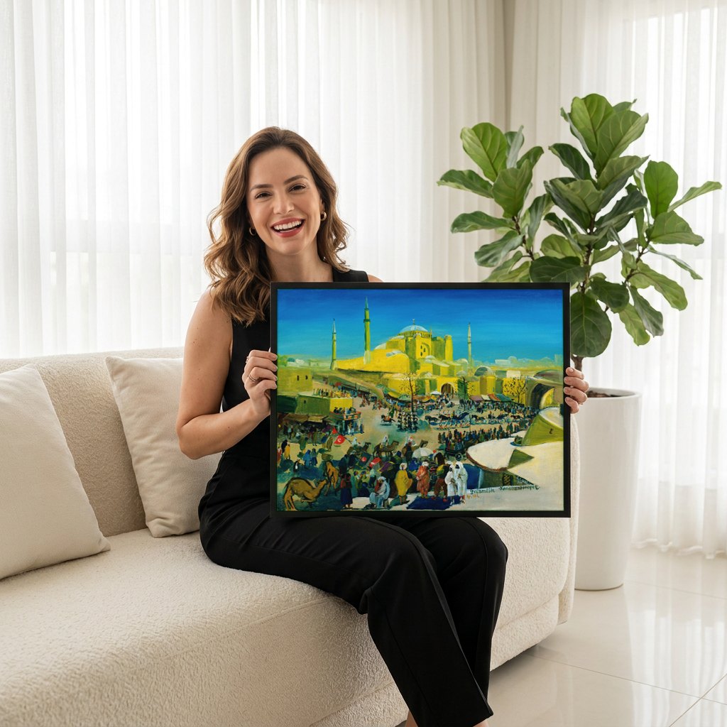 Quadro Decorativo Mercado em Constantinopla - Oskar Laske | modelo apresentando o quadro emoldurado