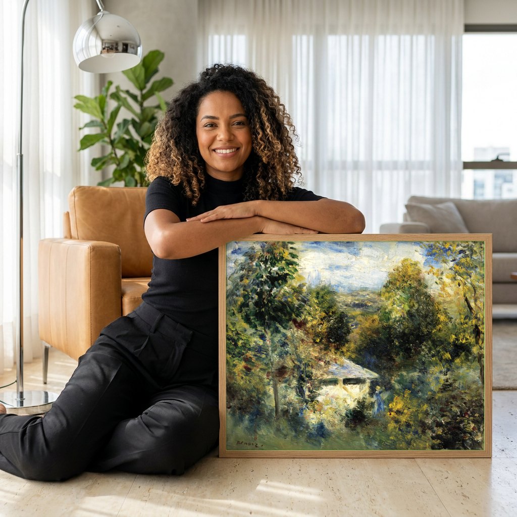 Quadro Decorativo Campo com Casinha - Renoir | modelo apresentando o quadro emoldurado