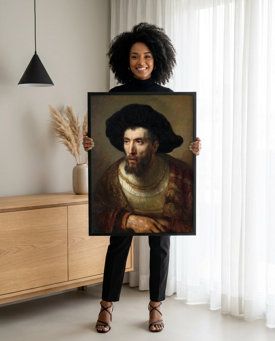 Quadro Decorativo Homem com Chapéu Preto - Rembrandt | modelo apresentando o quadro emoldurado