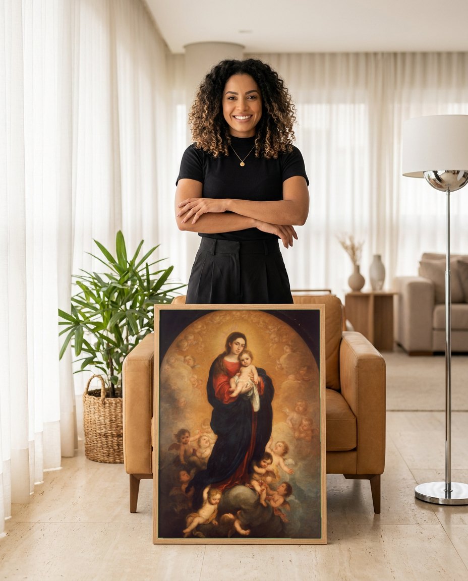 Quadro Decorativo A Imaculada Conceição de Soult - Murillo | modelo apresentando o quadro emoldurado