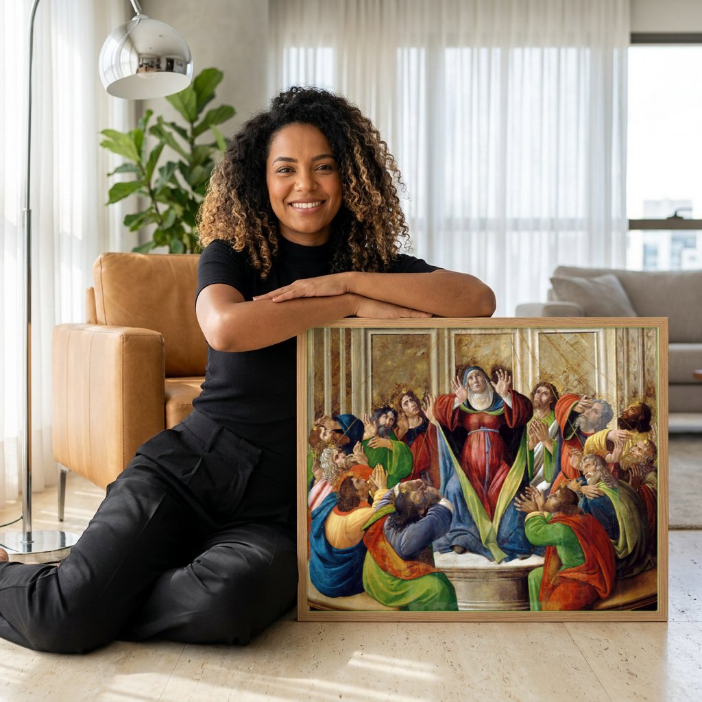 Quadro Decorativo A Descida do Espírito Santo - Botticelli | modelo apresentando o quadro emoldurado