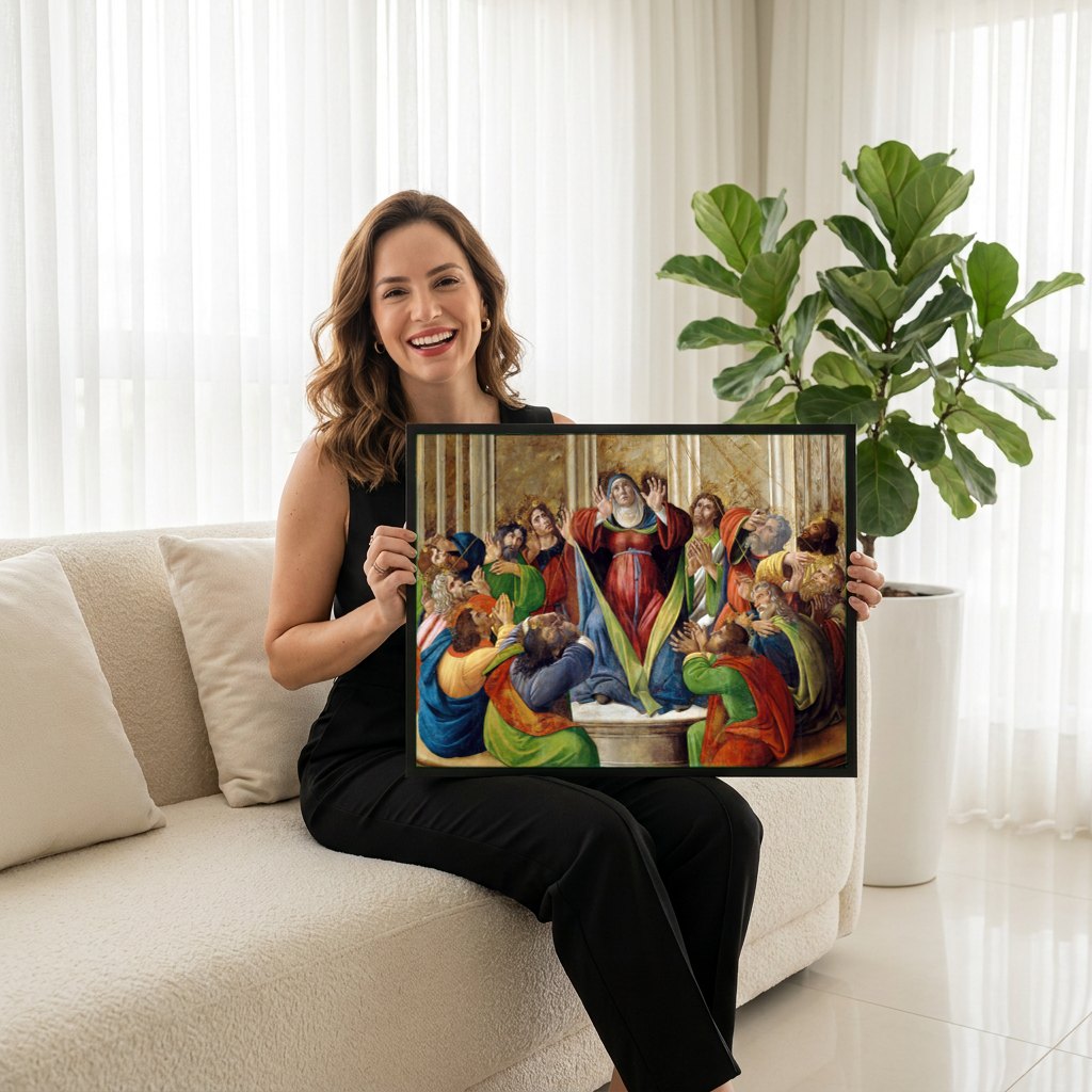 Quadro Decorativo A Descida do Espírito Santo - Botticelli | modelo apresentando o quadro emoldurado