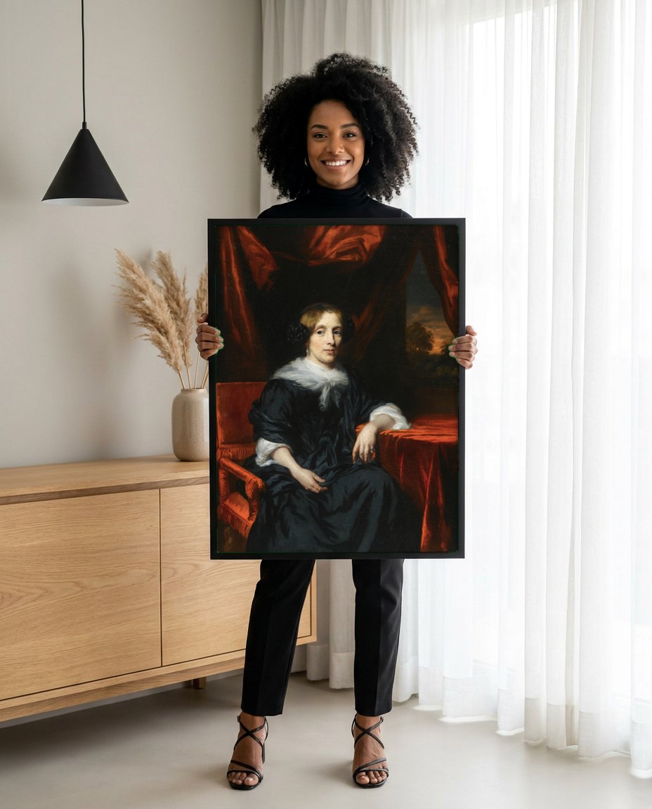 Quadro Decorativo Retrato de Mulher - Nicolaes Maes | modelo apresentando o quadro emoldurado