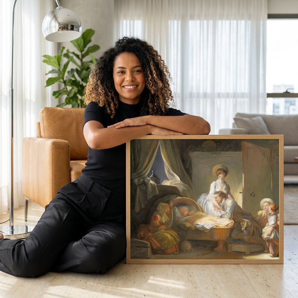 Quadro Decorativo A Visita ao Bebe - Fragonard | modelo apresentando o quadro emoldurado