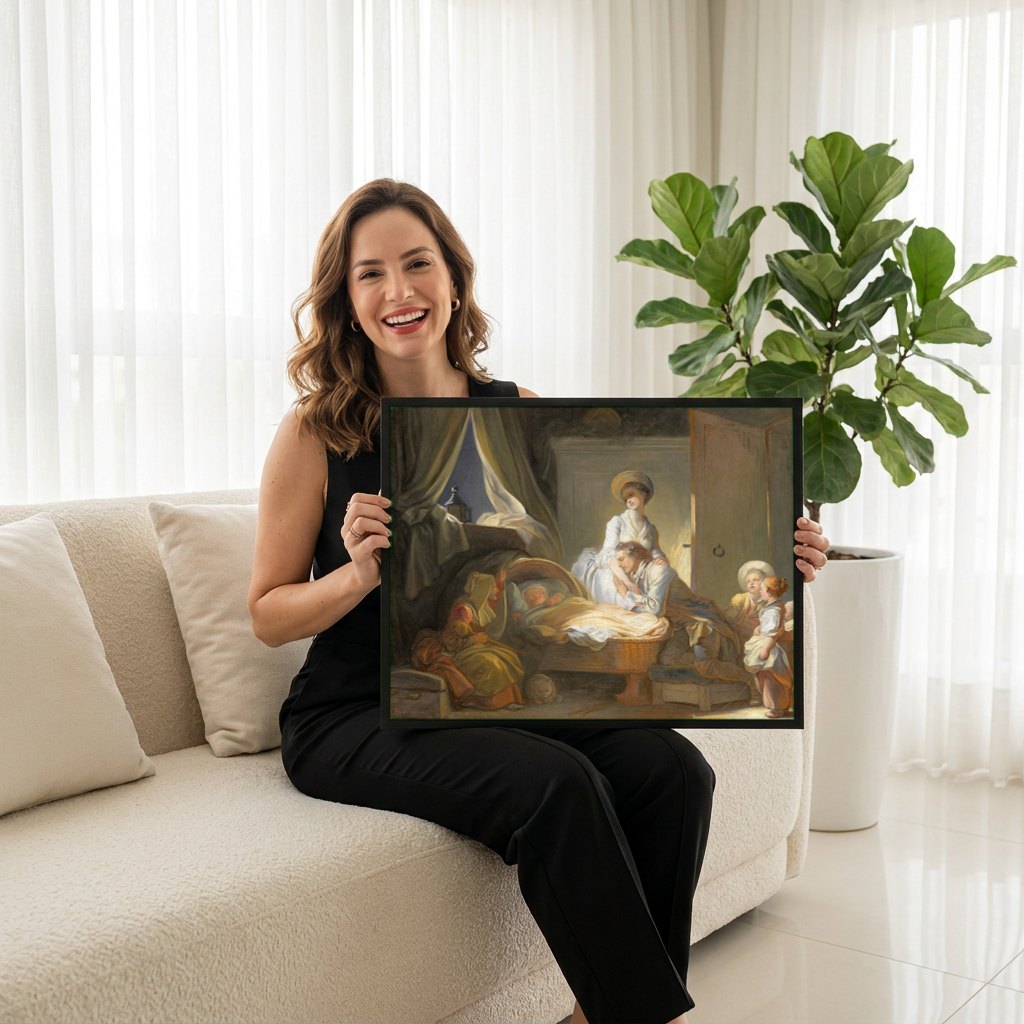 Quadro Decorativo A Visita ao Bebe - Fragonard | modelo apresentando o quadro emoldurado