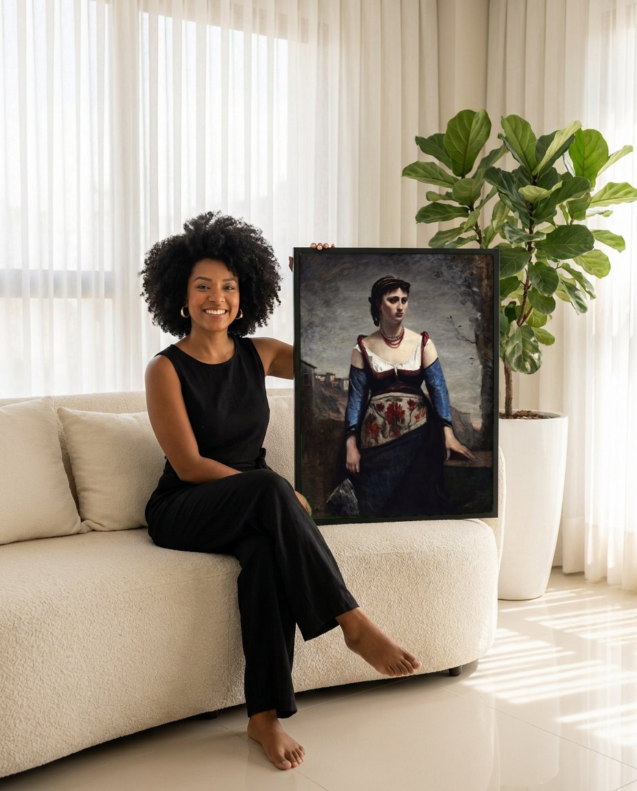 Quadro Decorativo A Cigana (Gypsy Girl) - Corot | modelo apresentando o quadro emoldurado