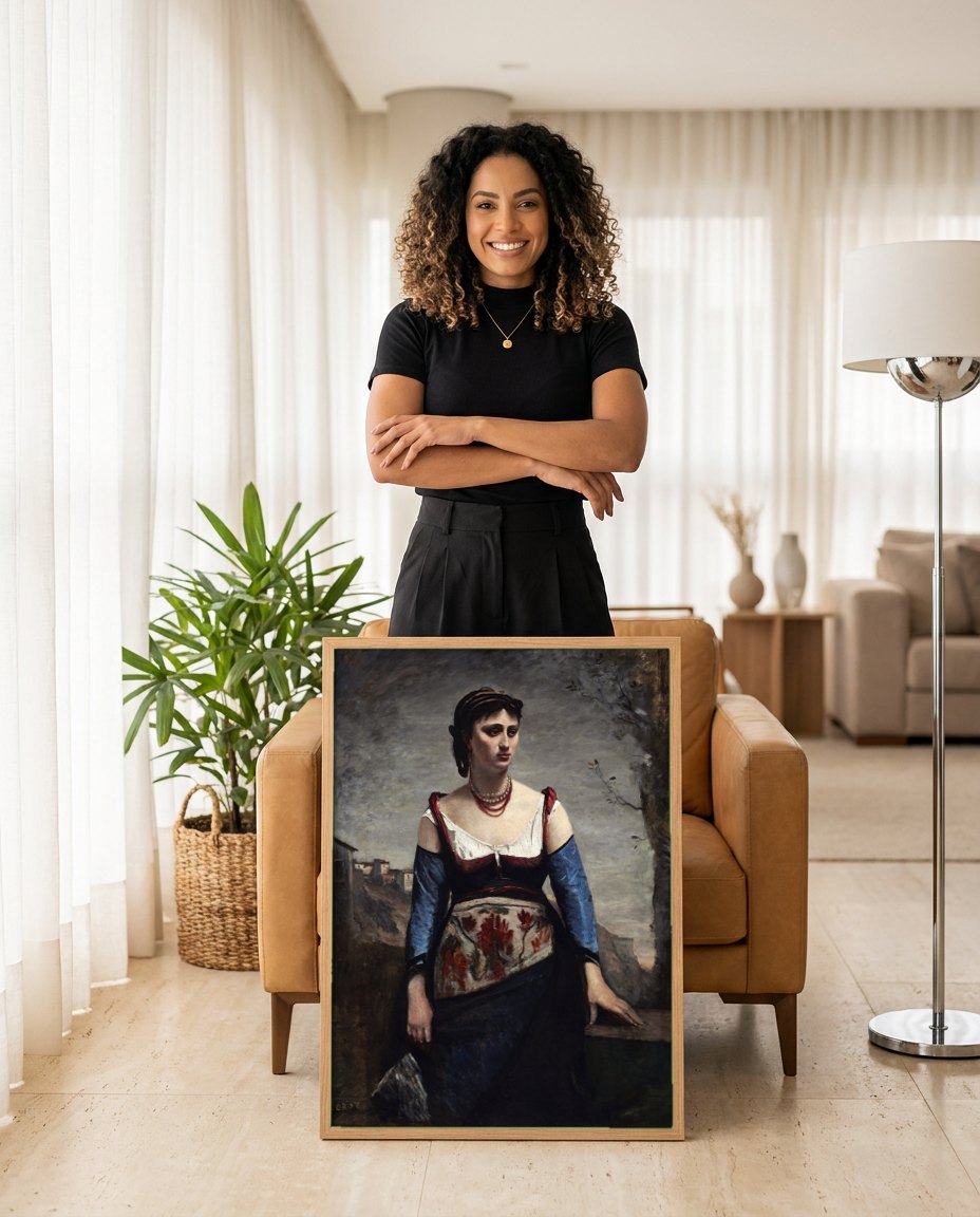 Quadro Decorativo A Cigana (Gypsy Girl) - Corot | modelo apresentando o quadro emoldurado