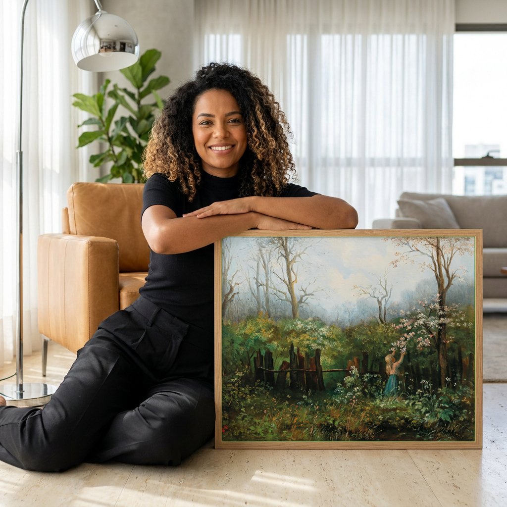 Quadro Decorativo A Coletora de Flores - Olga Wisinger-Florian | modelo apresentando o quadro emoldurado