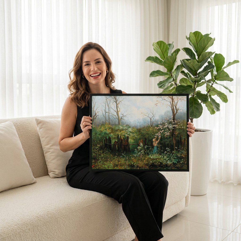 Quadro Decorativo A Coletora de Flores - Olga Wisinger-Florian | modelo apresentando o quadro emoldurado