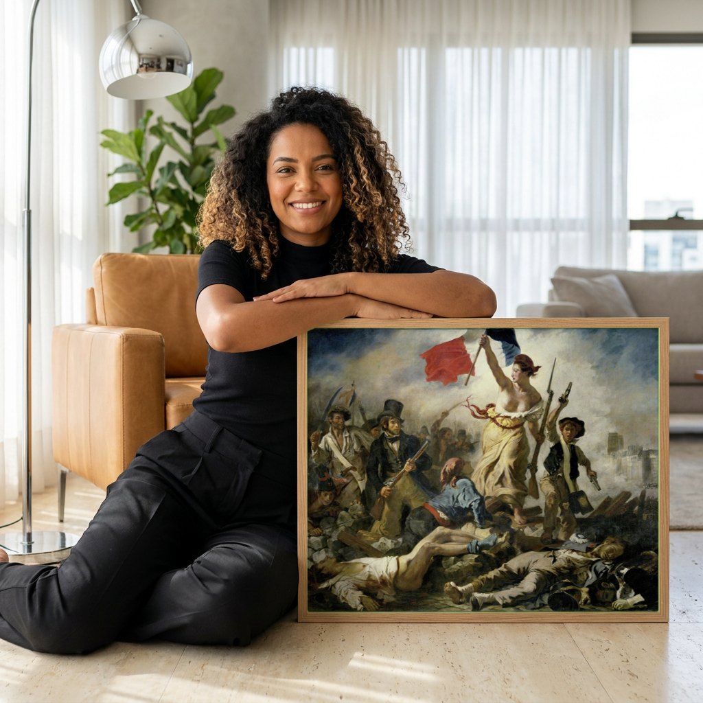 Quadro Decorativo A Liberdade Guiando o Povo - Delacroix | modelo apresentando o quadro emoldurado