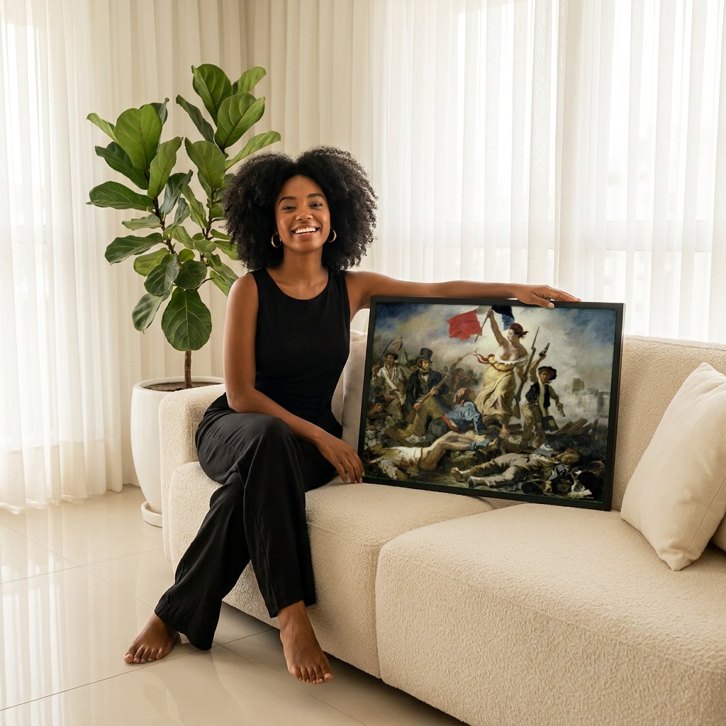 Quadro Decorativo A Liberdade Guiando o Povo - Delacroix | modelo apresentando o quadro emoldurado