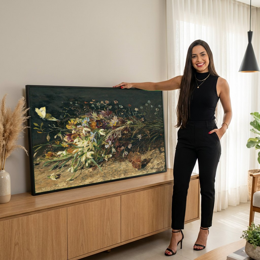 Quadro Decorativo Campo de Flores com Borboleta - Olga Wisinger-Florian | modelo apresentando o quadro emoldurado