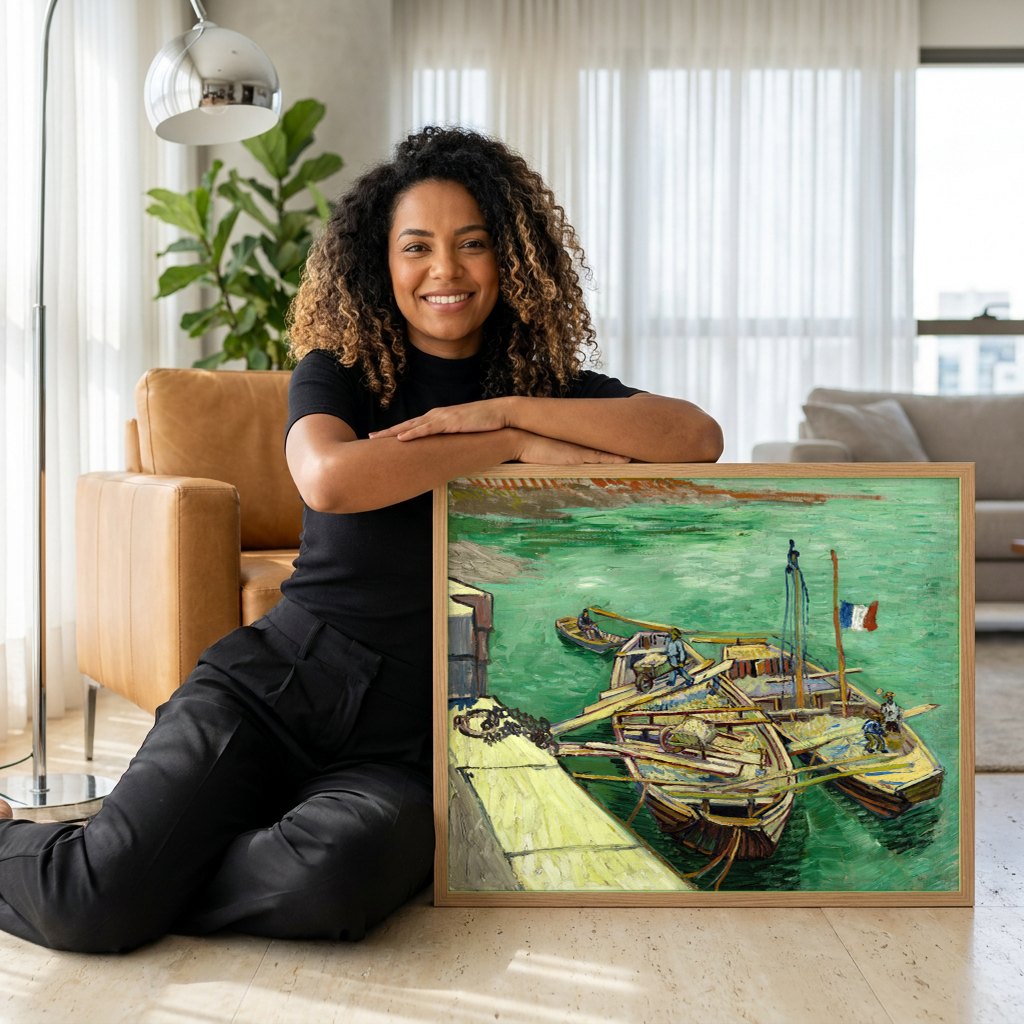 Quadro Decorativo Cais com Barcos - Van Gogh | modelo apresentando o quadro emoldurado