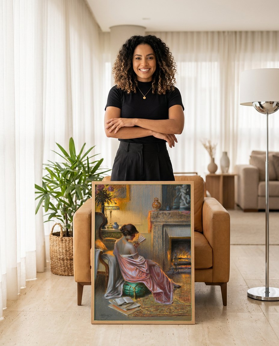 Quadro Decorativo A Leitura - Delphin Enjolras | modelo apresentando o quadro emoldurado