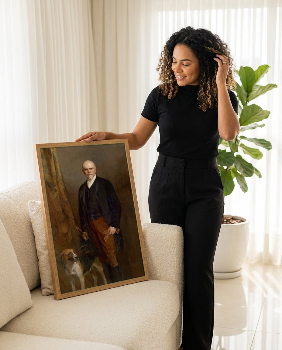 Quadro Decorativo Retrato de Homem e Cão de Caça - Philip Alexius de László | modelo apresentando o quadro emoldurado