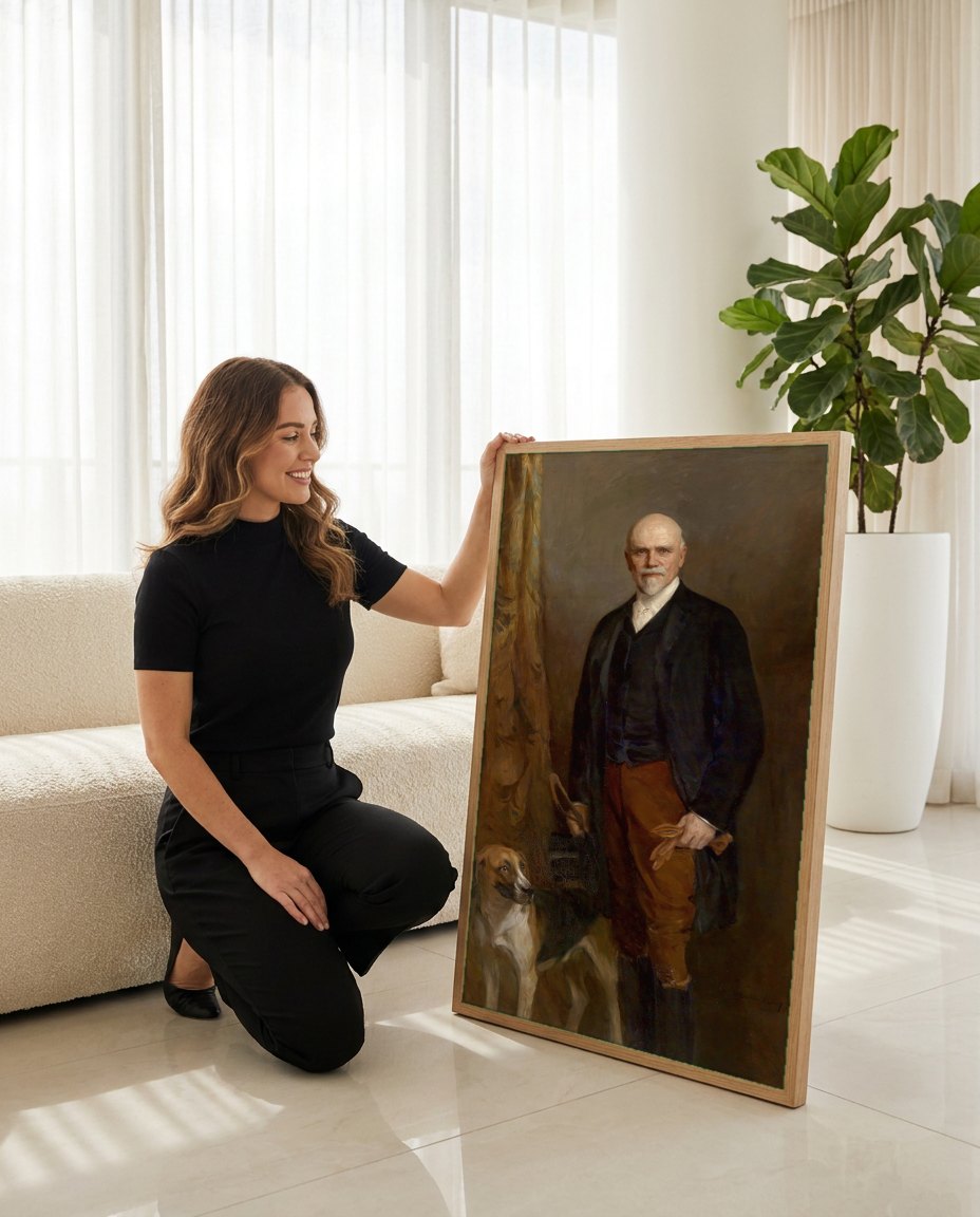 Quadro Decorativo Retrato de Homem e Cão de Caça - Philip Alexius de László | modelo apresentando o quadro emoldurado