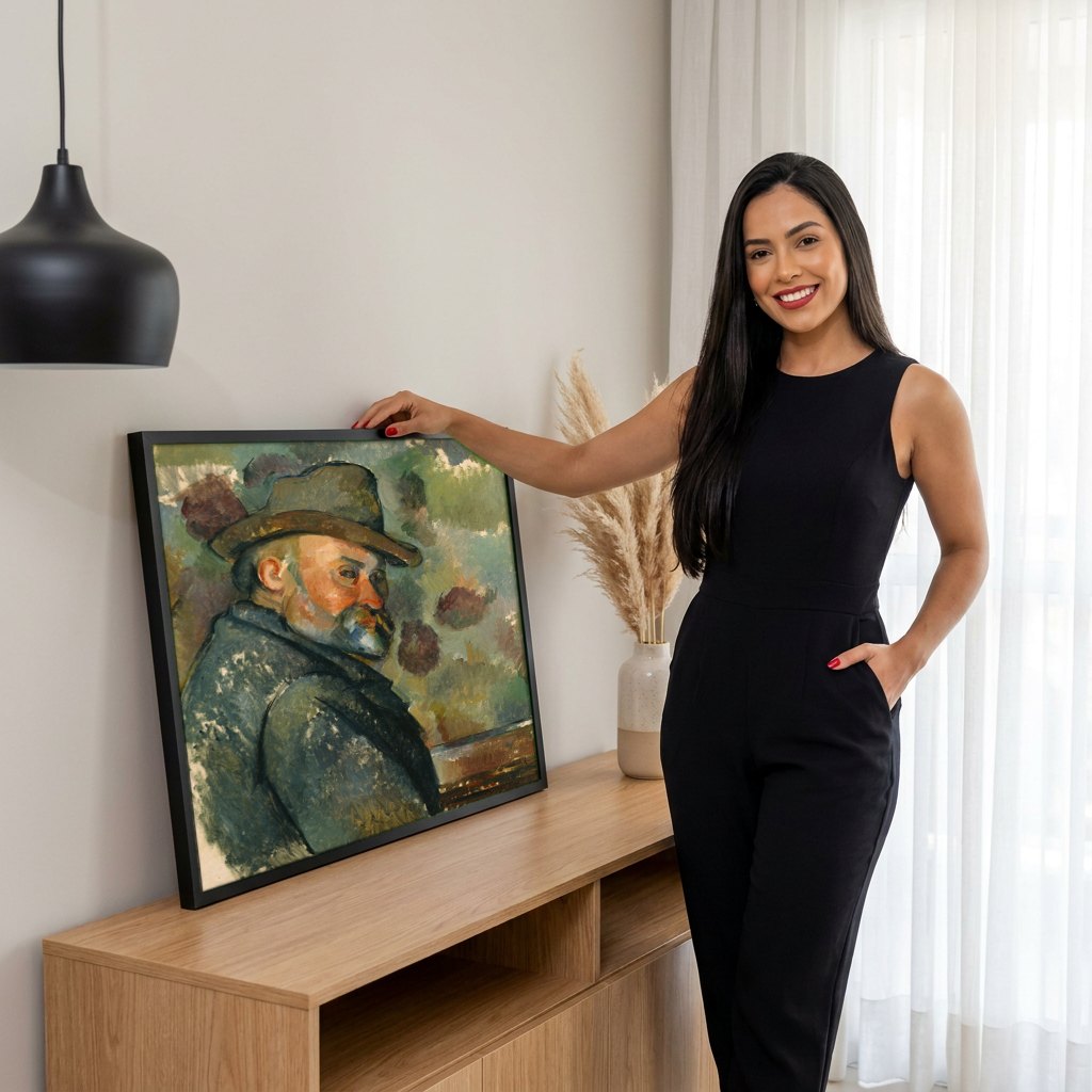 Quadro Decorativo Retrato de Ambroise Vollard - Paul Cézanne | modelo apresentando o quadro emoldurado