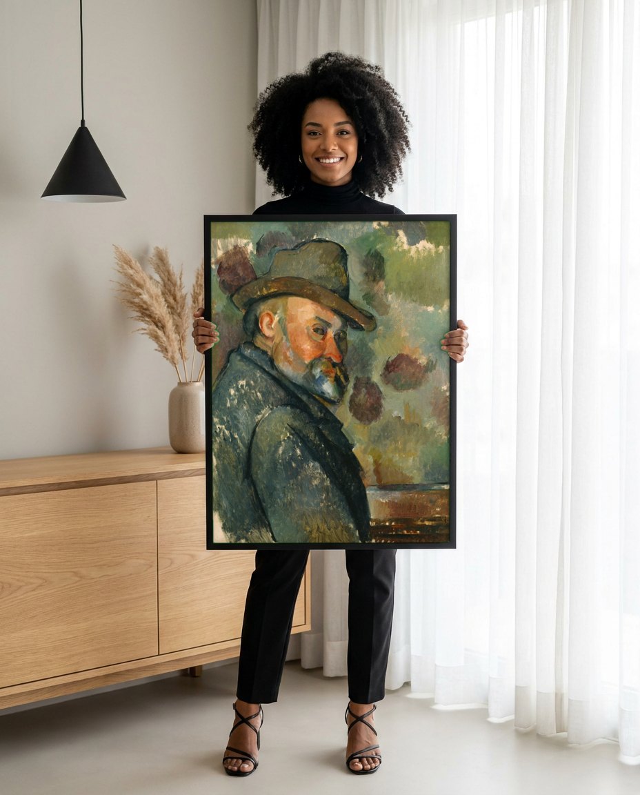 Quadro Decorativo Retrato de Ambroise Vollard - Paul Cézanne | modelo apresentando o quadro emoldurado