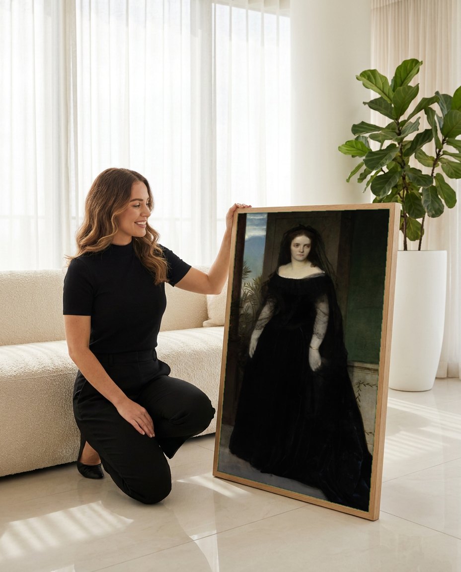 Quadro Decorativo A Viúva (Die Witwe) - Arnold Böcklin | modelo apresentando o quadro emoldurado