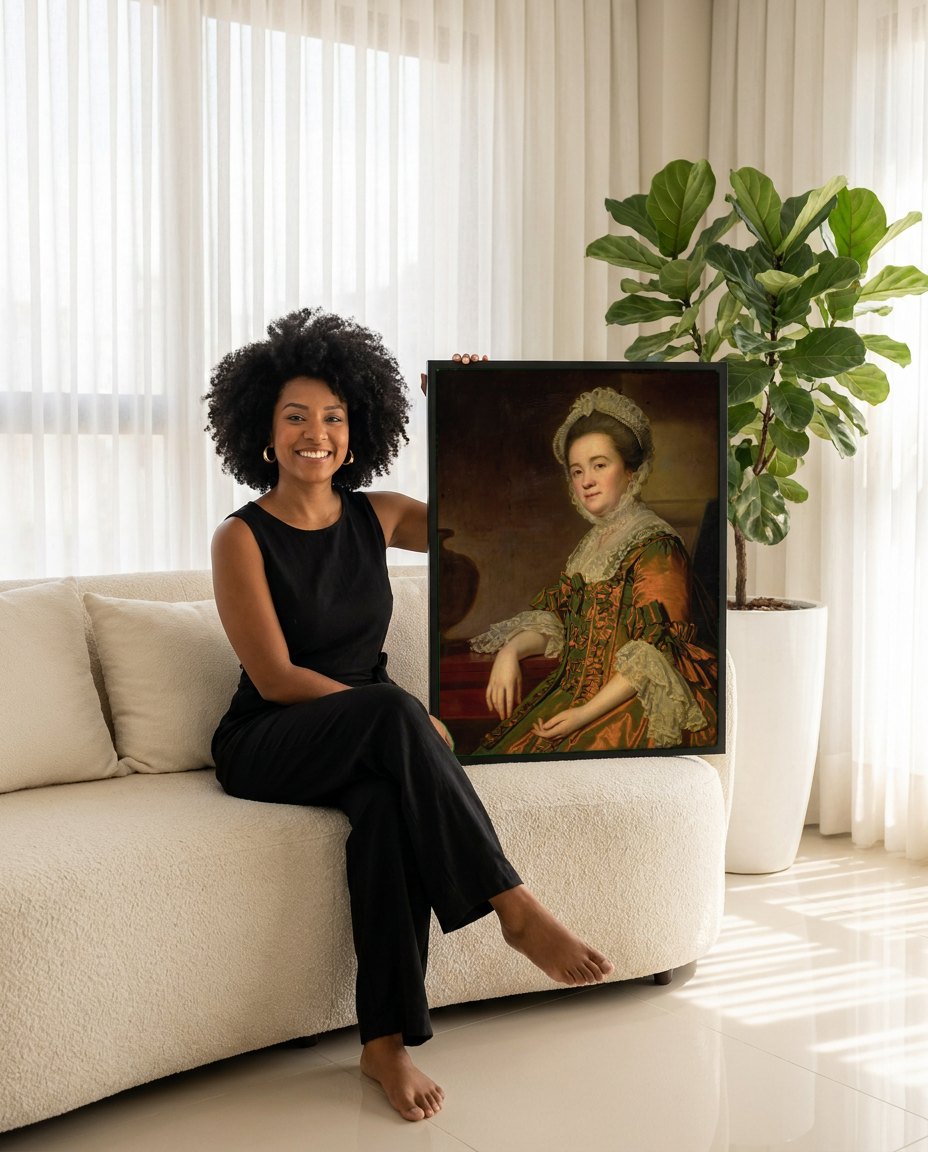 Quadro Decorativo Retrato de Senhora - George Romney | modelo apresentando o quadro emoldurado