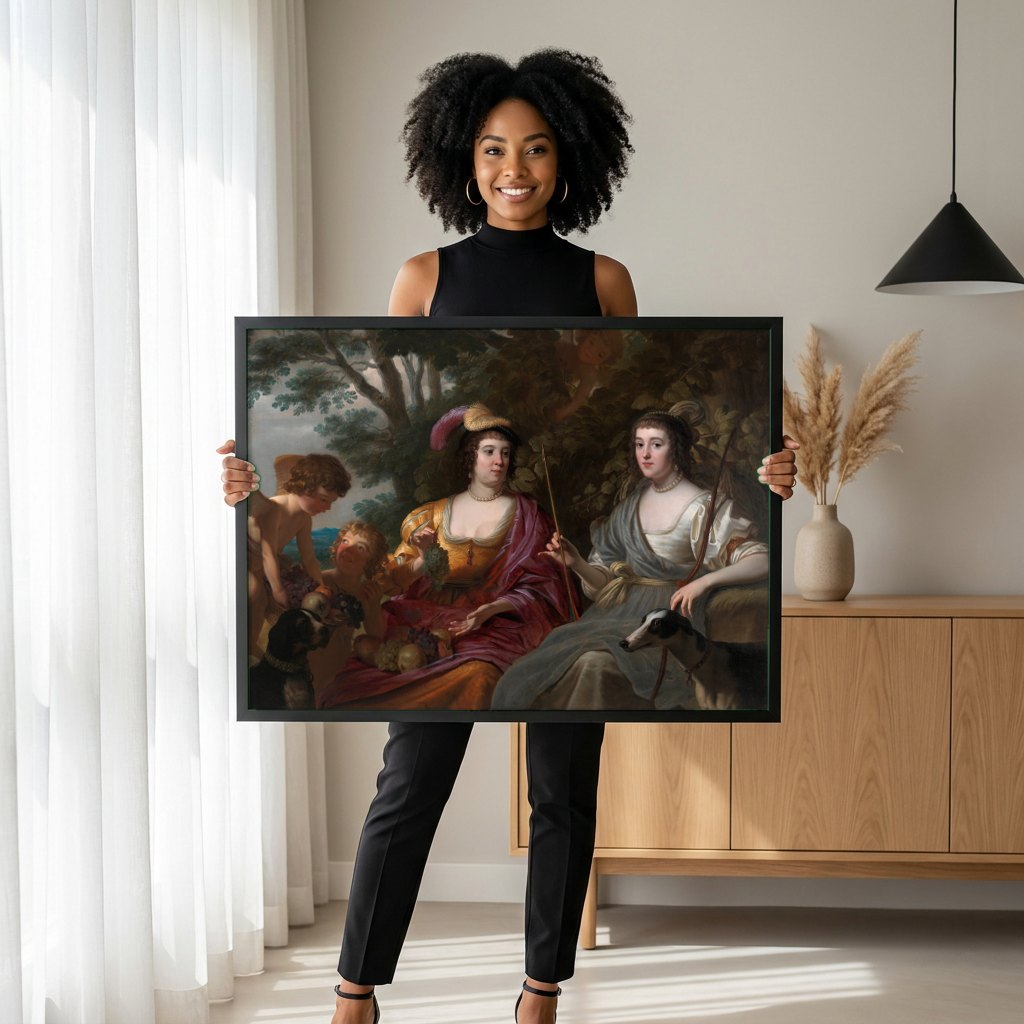 Quadro Decorativo 'As Filhas de Themis' - Honthorst | modelo apresentando o quadro emoldurado