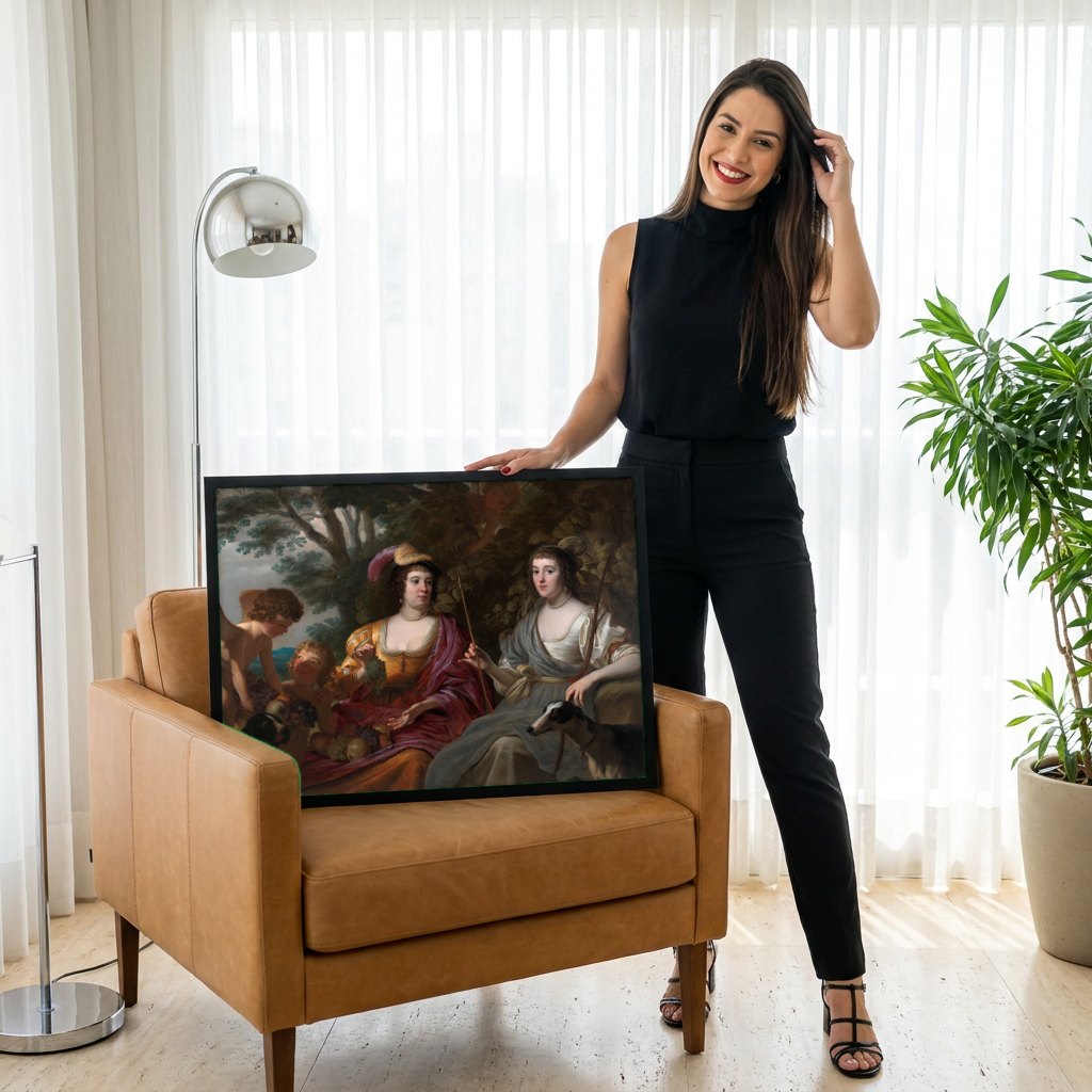 Quadro Decorativo 'As Filhas de Themis' - Honthorst | modelo apresentando o quadro emoldurado
