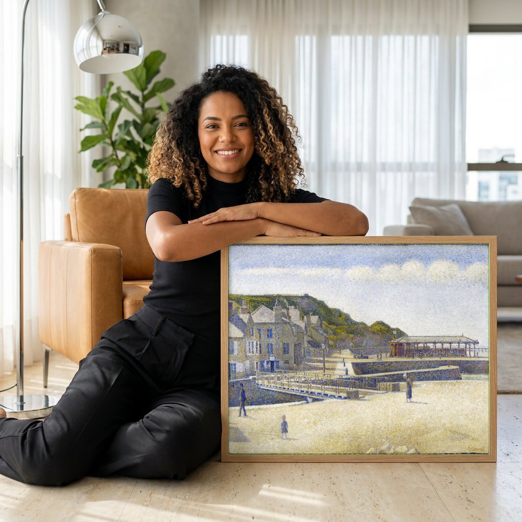 Quadro Decorativo Porto em Grandcamp - Georges Seurat | modelo apresentando o quadro emoldurado