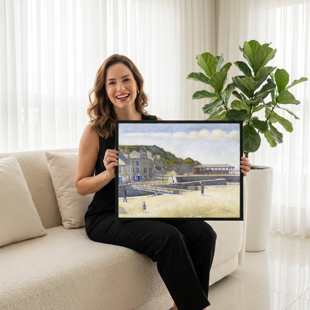 Quadro Decorativo Porto em Grandcamp - Georges Seurat | modelo apresentando o quadro emoldurado
