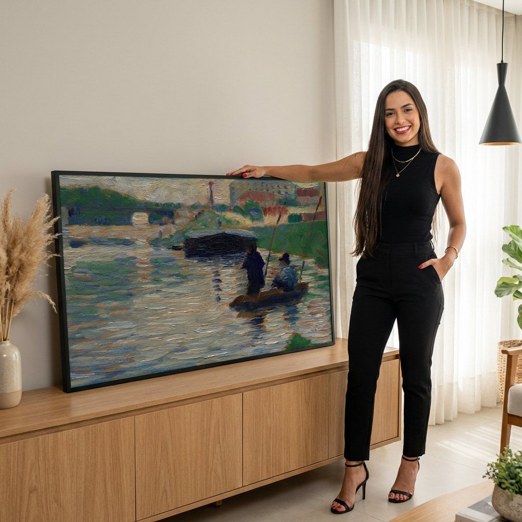 Quadro Decorativo Pescadores no Sena - Georges Seurat | modelo apresentando o quadro emoldurado