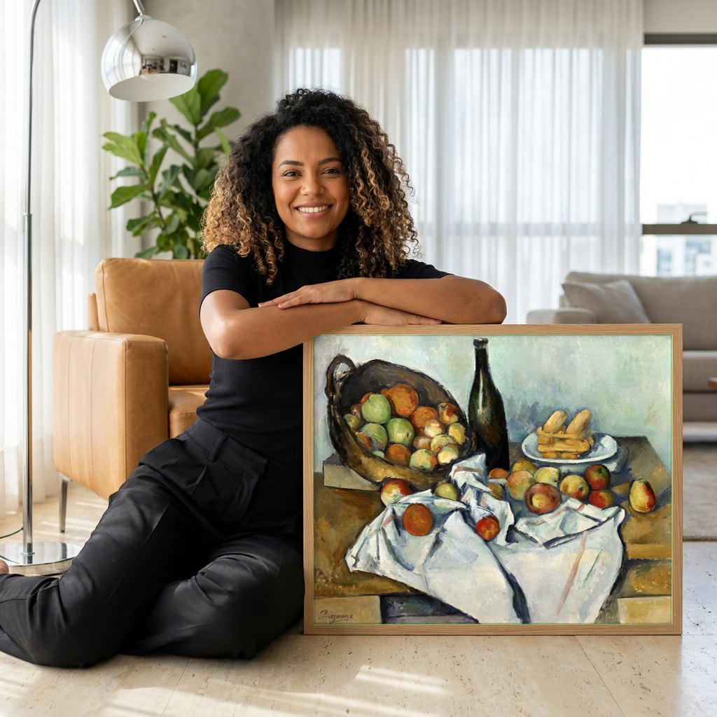 Quadro Decorativo Cesto de Maçãs e Biscoitos - Cézanne | modelo apresentando o quadro emoldurado