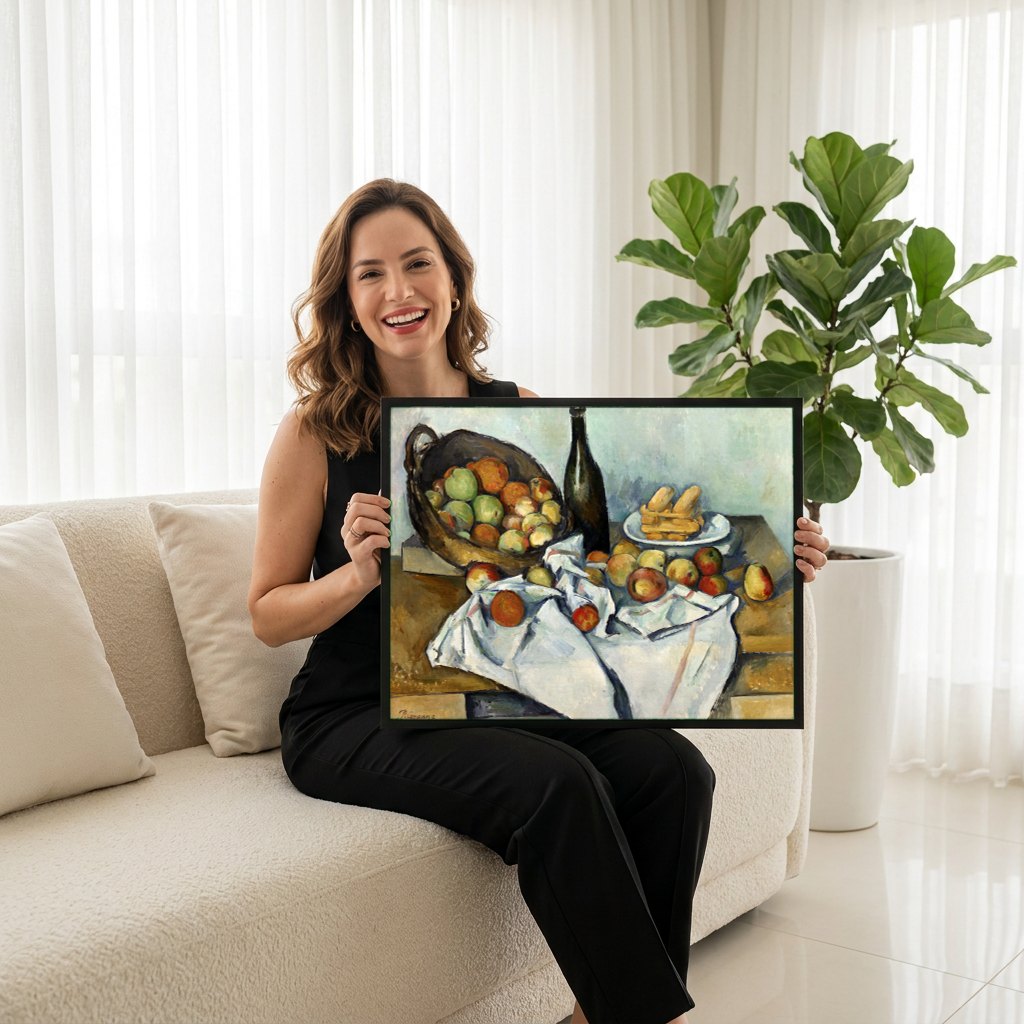 Quadro Decorativo Cesto de Maçãs e Biscoitos - Cézanne | modelo apresentando o quadro emoldurado