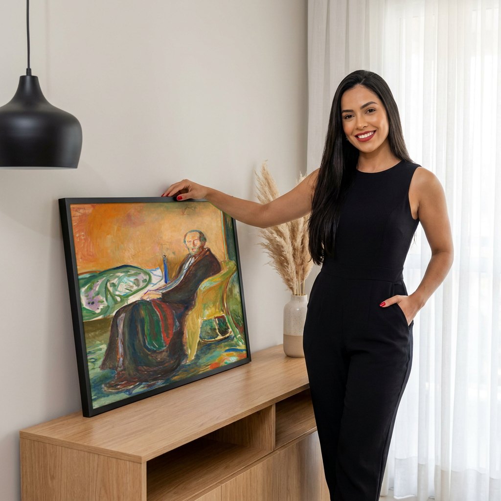 Quadro Decorativo Autorretrato em Poltrona - Edvard Munch | modelo apresentando o quadro emoldurado