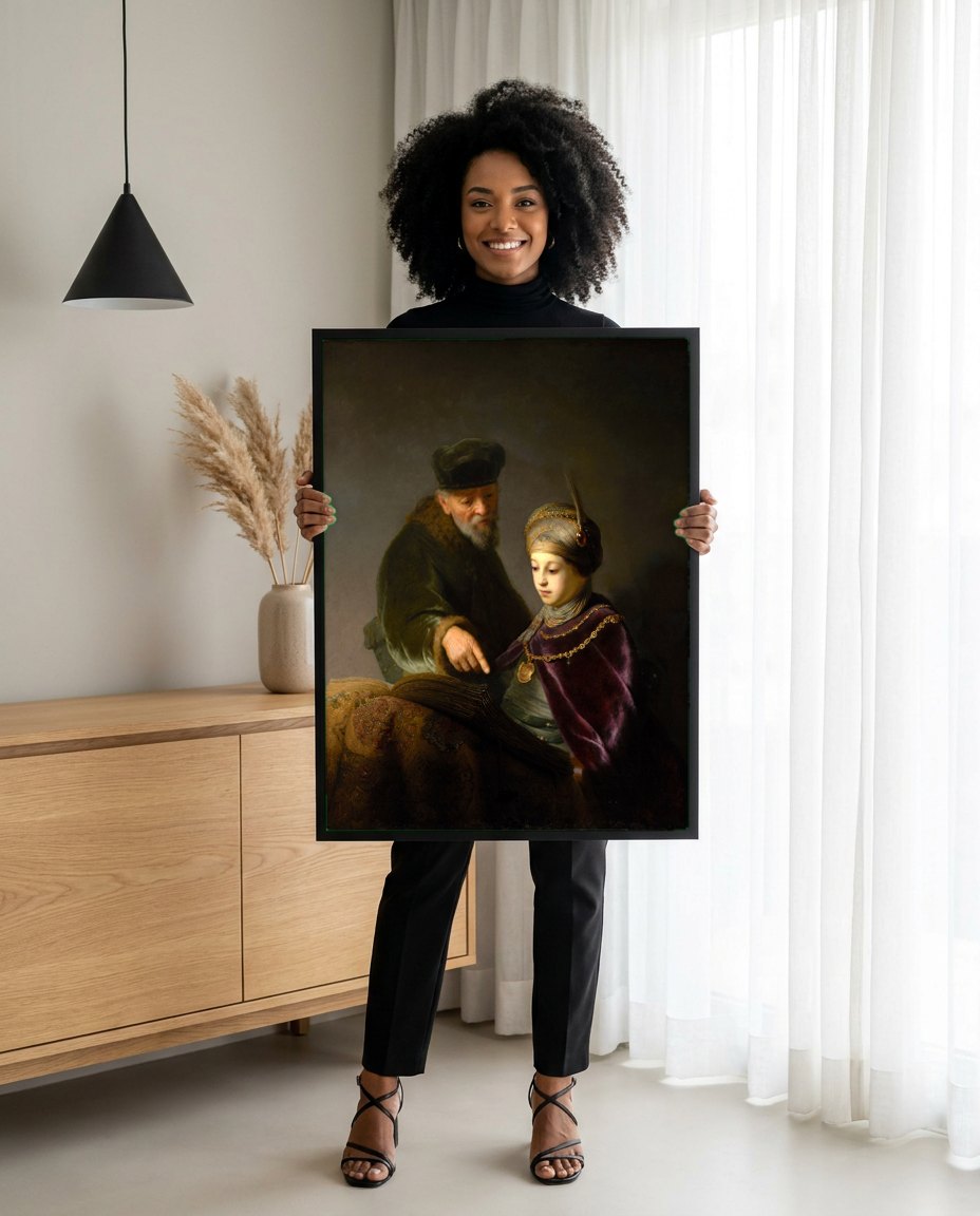 Quadro Decorativo 'O Erudito e seu Aluno' - Rembrandt | modelo apresentando o quadro emoldurado