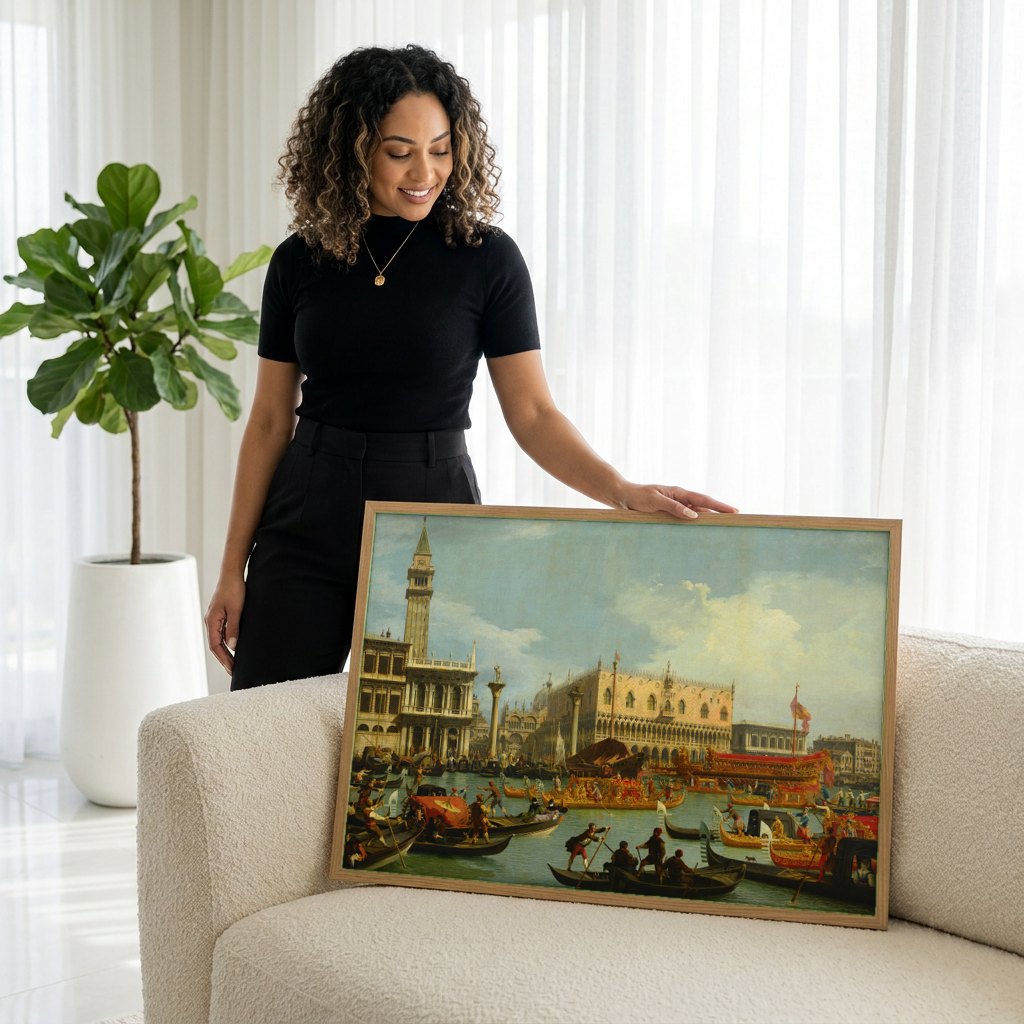 Quadro Decorativo A Chegada do Embaixador Frances - Canaletto | modelo apresentando o quadro emoldurado