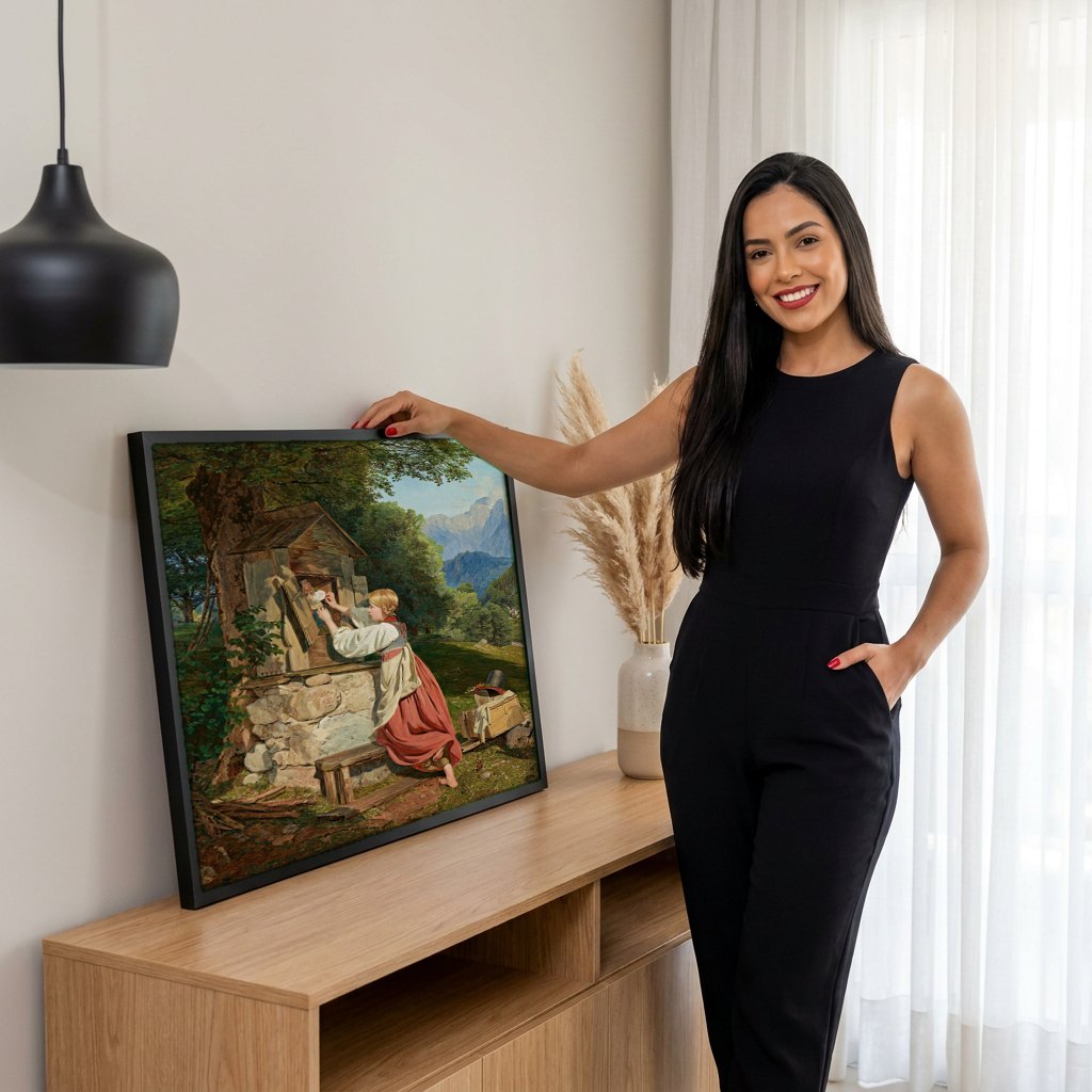 Quadro Decorativo A Menina e o Teatrinho de Marionetes - Waldmüller | modelo apresentando o quadro emoldurado