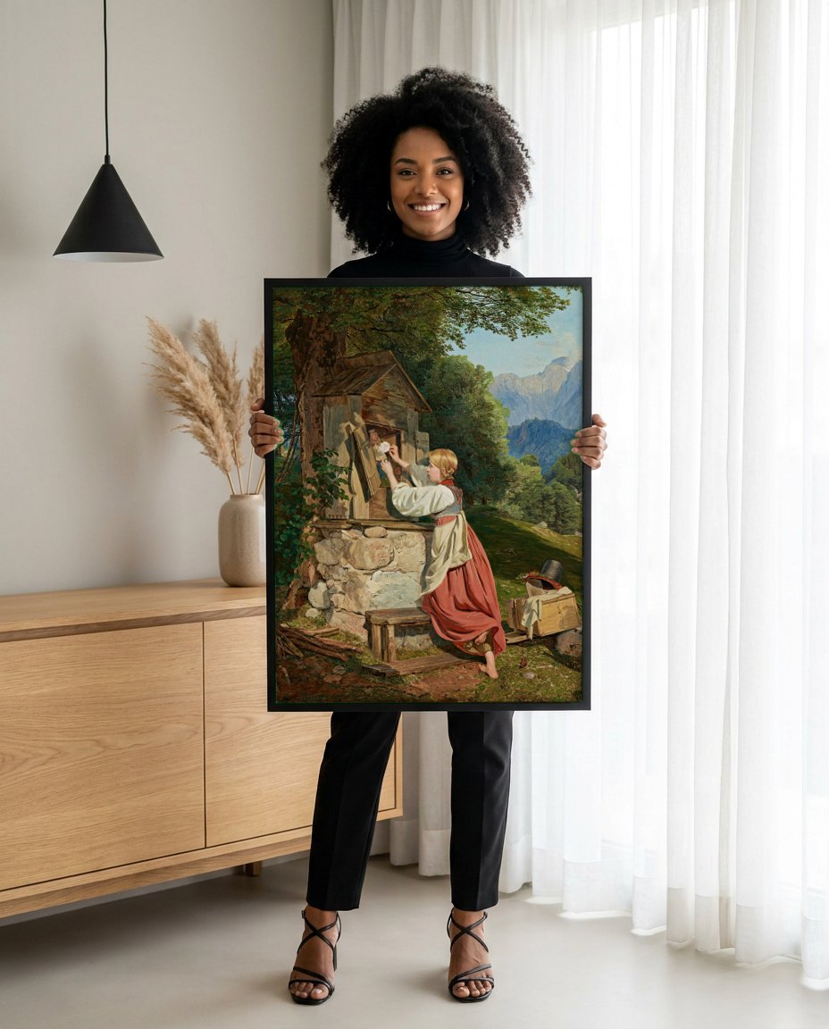 Quadro Decorativo A Menina e o Teatrinho de Marionetes - Waldmüller | modelo apresentando o quadro emoldurado