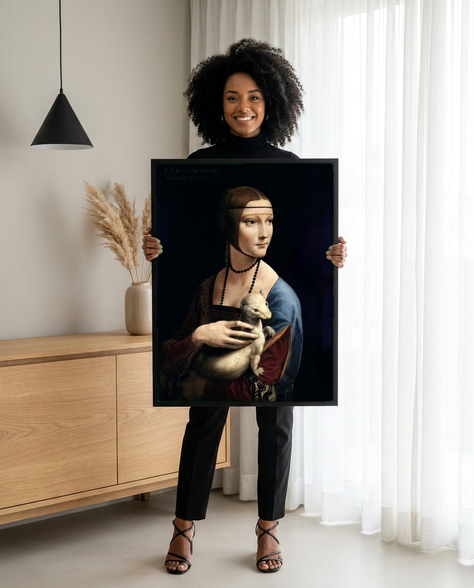 Quadro Decorativo A Dama com Arminho - Leonardo Da Vinci | modelo apresentando o quadro emoldurado