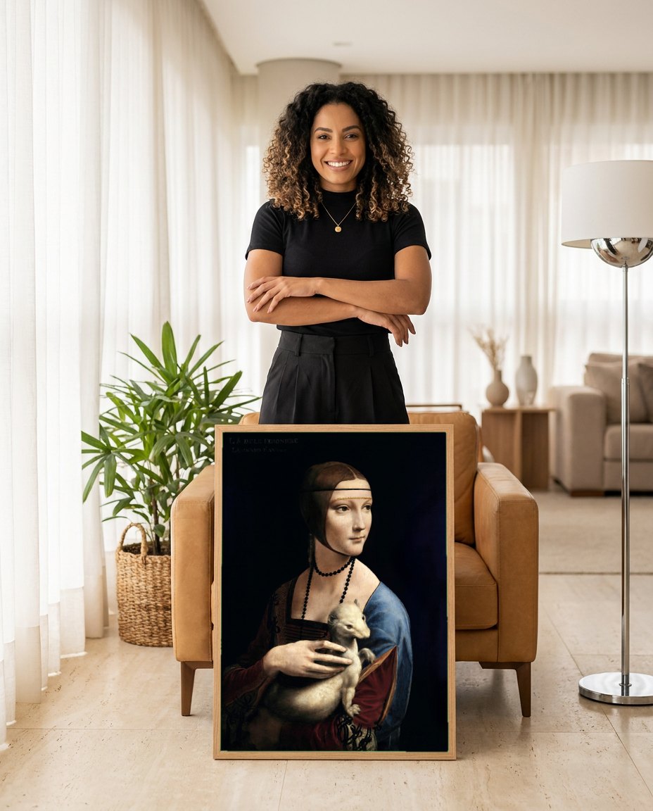 Quadro Decorativo A Dama com Arminho - Leonardo Da Vinci | modelo apresentando o quadro emoldurado