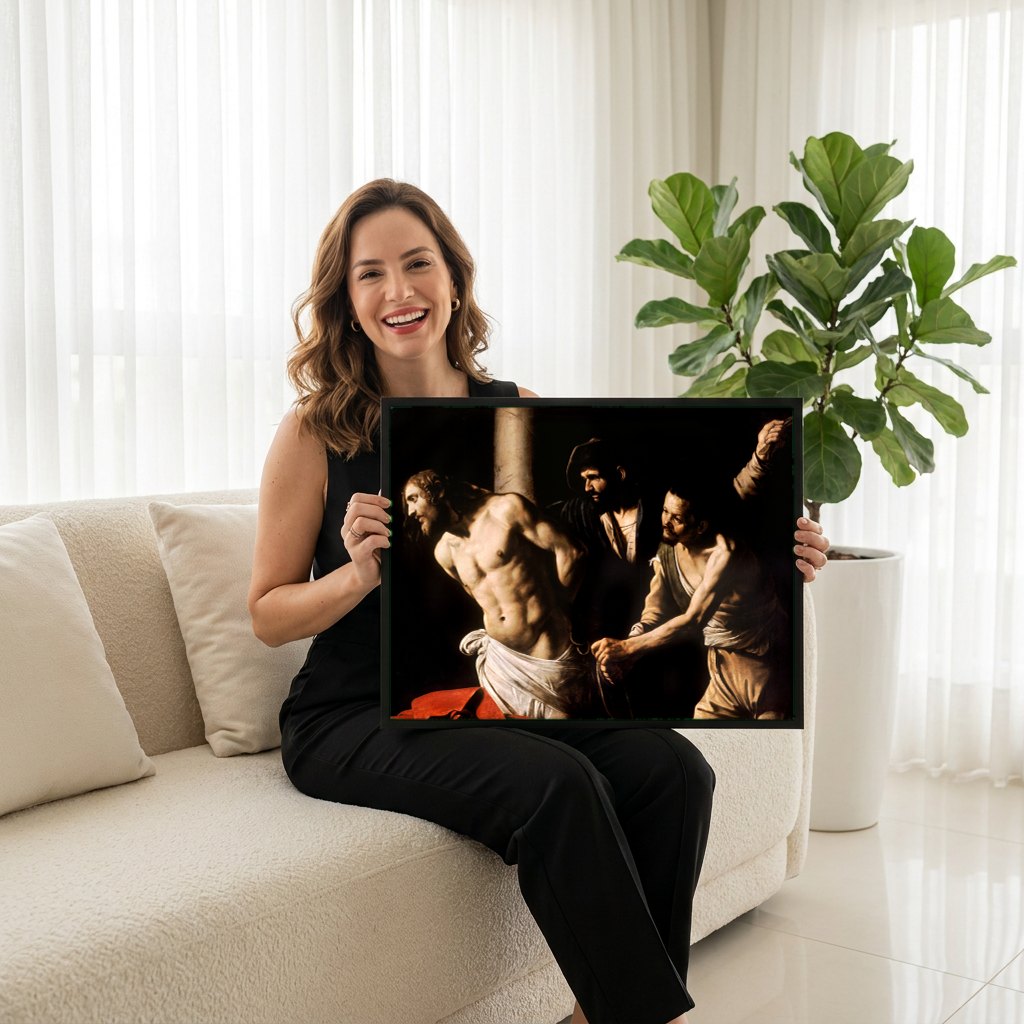 Quadro Decorativo A Flagelação de Cristo - Caravaggio | modelo apresentando o quadro emoldurado