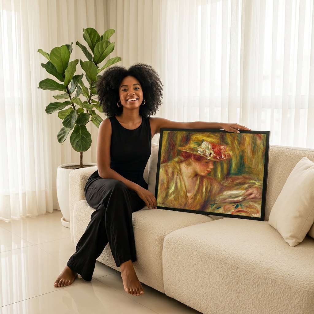 Quadro Decorativo Mulher com Chapeu - Renoir | modelo apresentando o quadro emoldurado