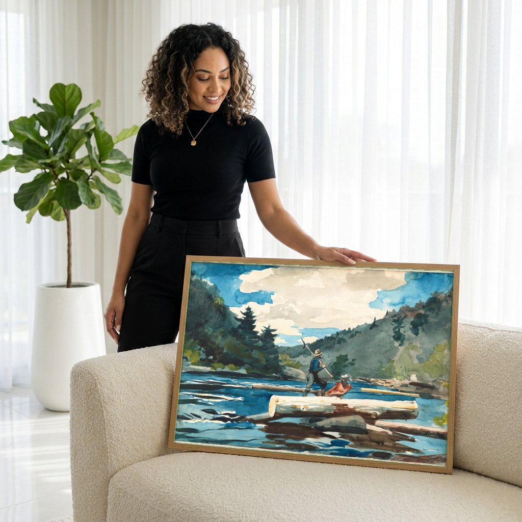 Quadro Decorativo 'The Trapper' - Winslow Homer | modelo apresentando o quadro emoldurado
