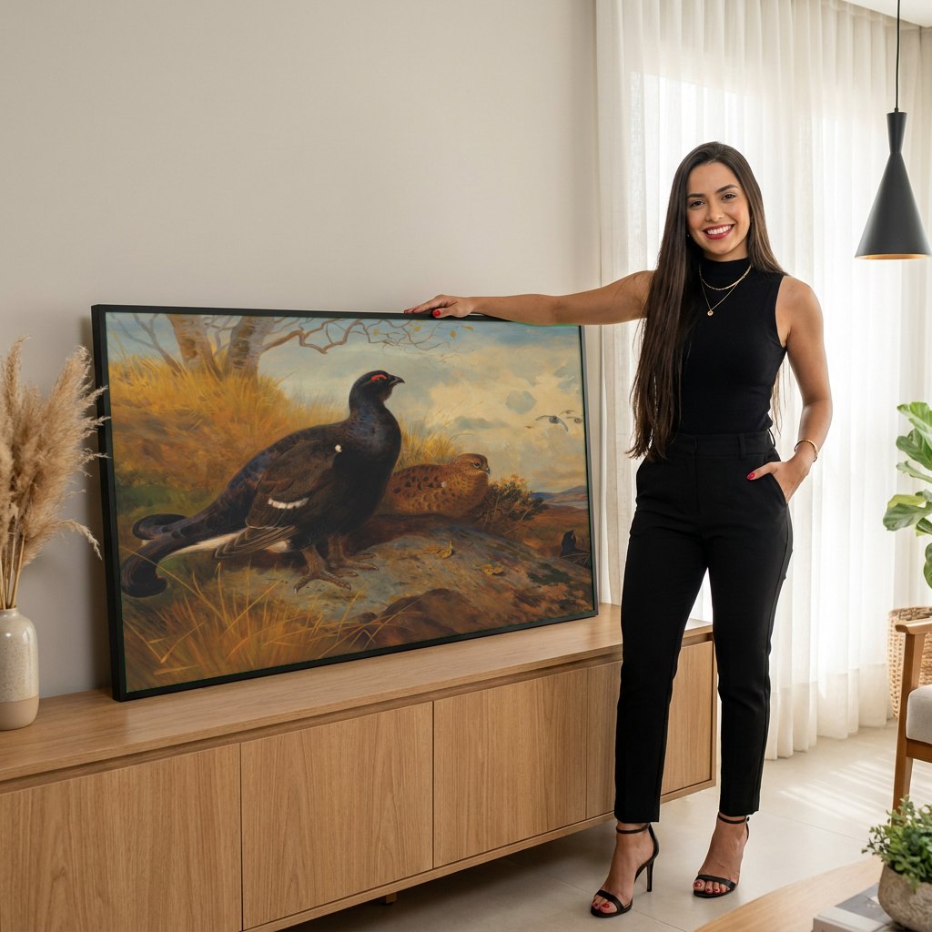 Quadro Decorativo Aves de Caça no Campo - Thorburn | modelo apresentando o quadro emoldurado
