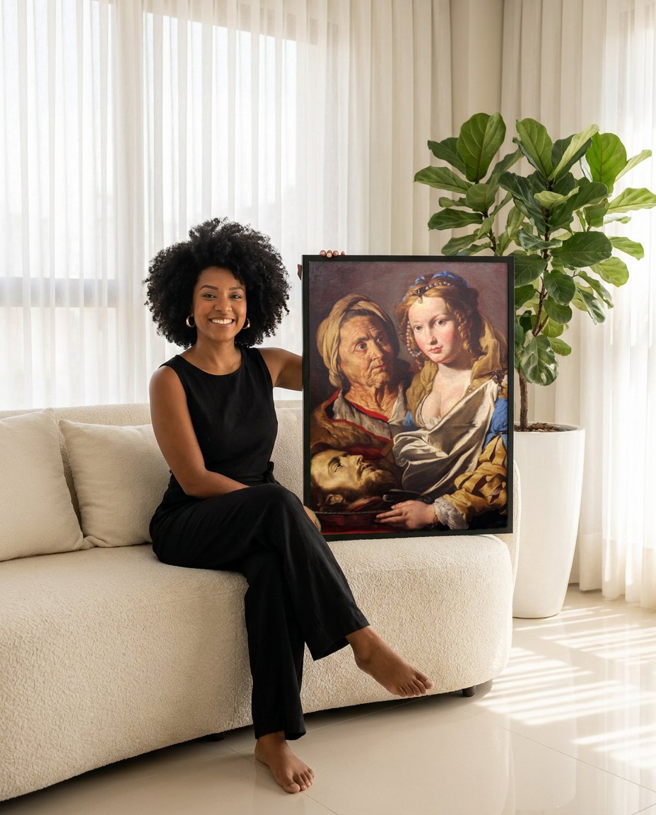 Quadro Decorativo Salomé com a Cabeça do Batista - Matthias Stomer | modelo apresentando o quadro emoldurado