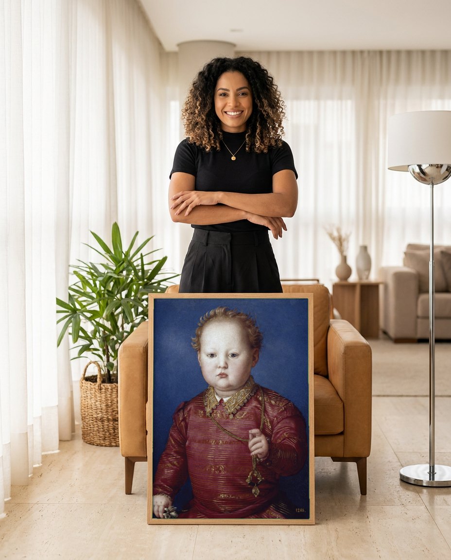 Quadro Decorativo Retrato de Criança - Bronzino | modelo apresentando o quadro emoldurado